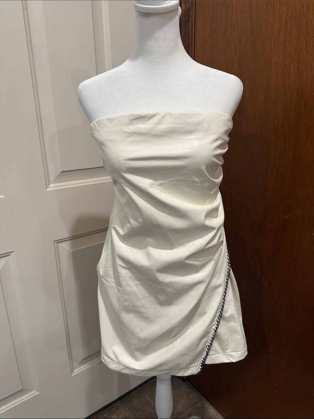 Strapless Faux Leather Cream Mini Dress with Side Chain Detail